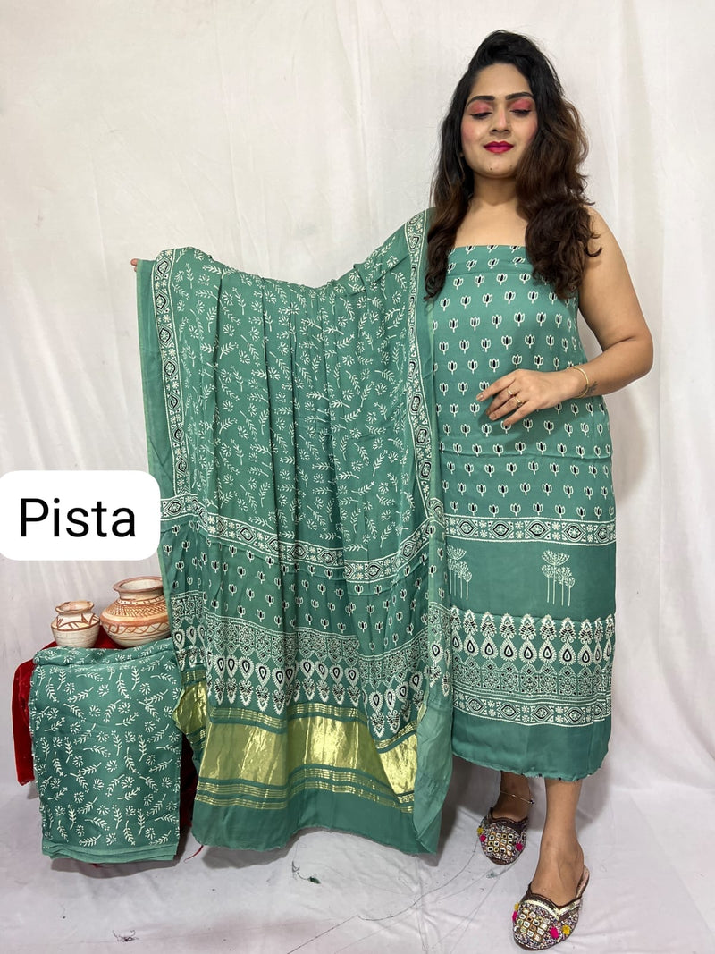 Pure Modal Silk Zari Pallu Weaved 3pc Unstitched Suit .