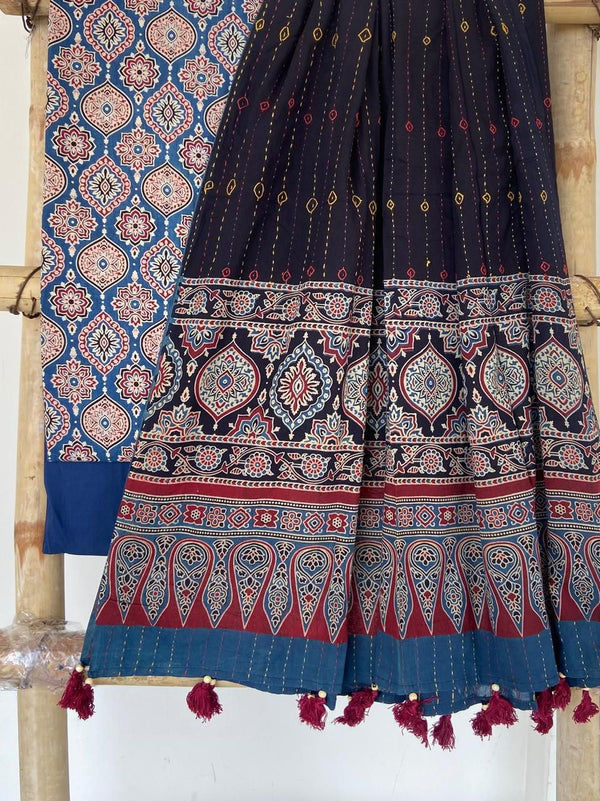 Pure Cotton Azrakh Print Unstitched suit With Hand kantha Work Dupatta .