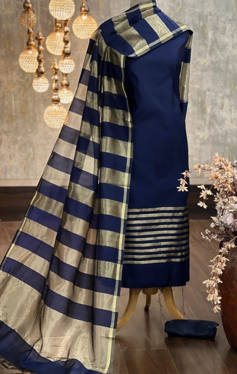 Banarasi Silk Zari Stripe weaved Unstitched Suit Set