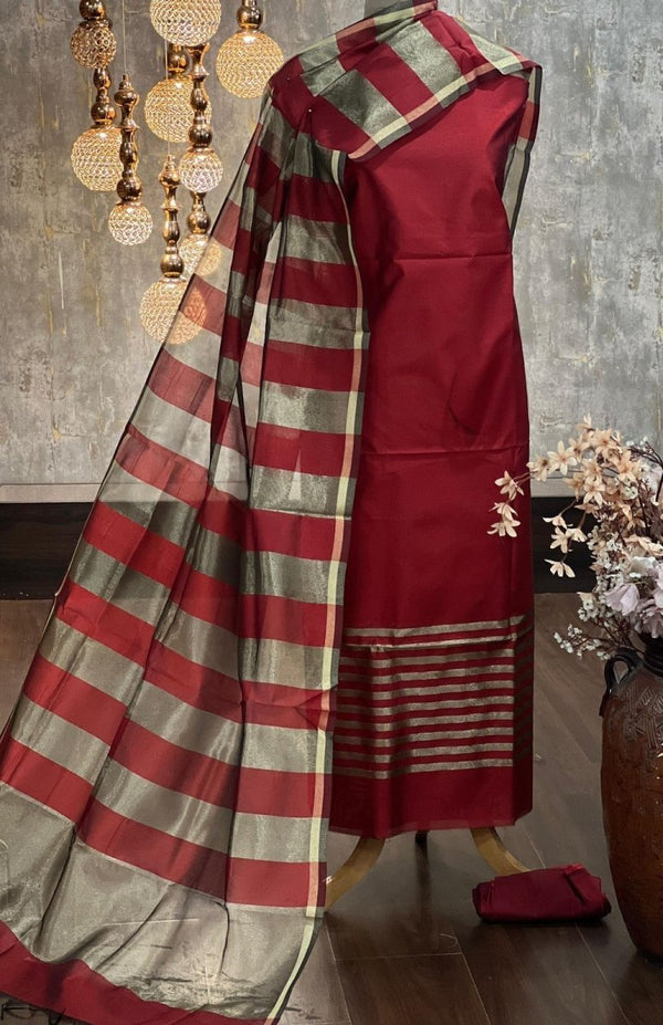 Banarasi Silk Zari Stripe weaved Unstitched Suit Set