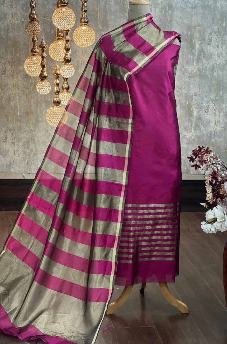 Banarasi Silk Zari Stripe weaved Unstitched Suit Set