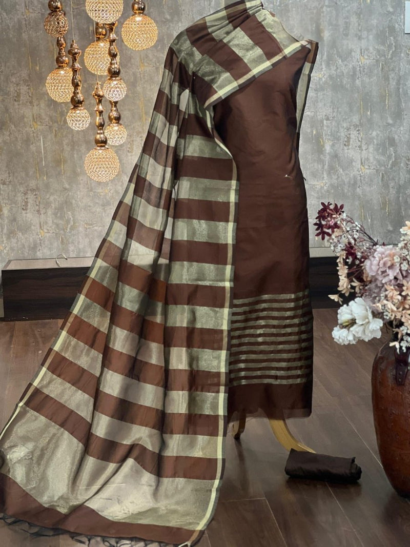 Banarasi Silk Zari Stripe weaved Unstitched Suit Set