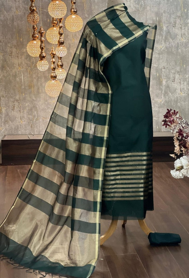 Banarasi Silk Zari Stripe weaved Unstitched Suit Set