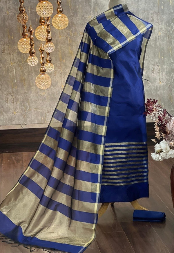 Banarasi Silk Zari Stripe weaved Unstitched Suit Set