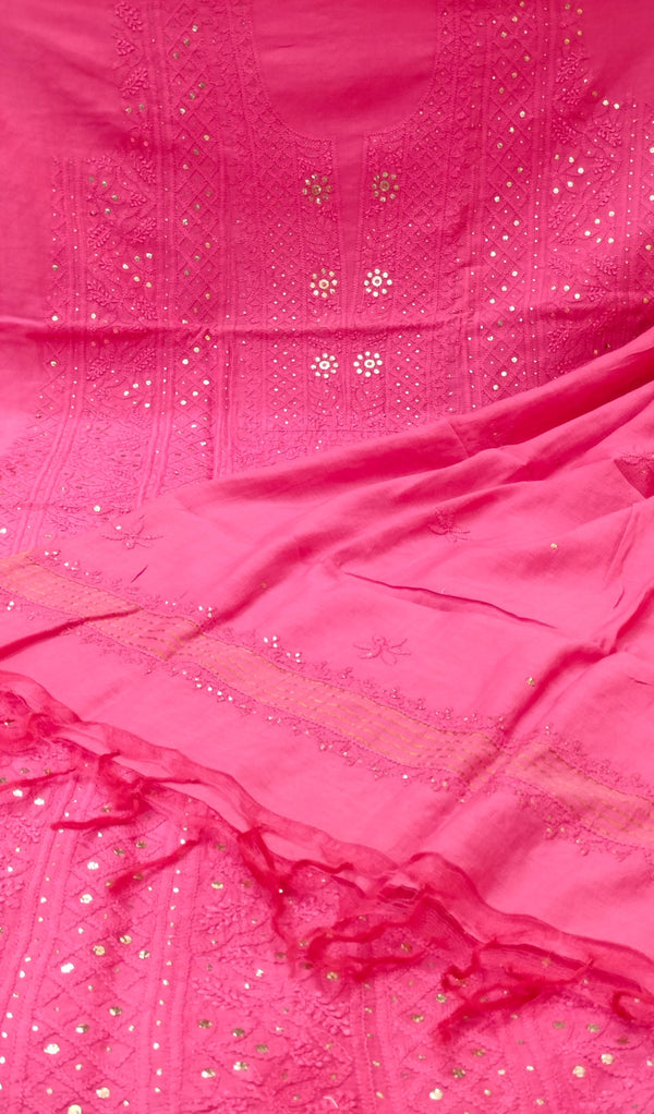 Pure Chanderi Silk 70grm Chikankari And Mukaish Work Unstitched Suit .