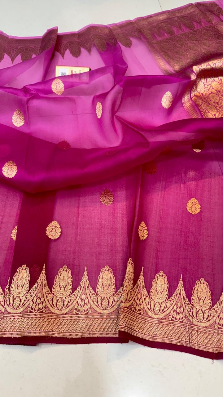 Pure Banarasi Kora Organza Silk Handwoven Zari Work Saree With Silk Mark Certificate ( Length- 6.3 Meter )