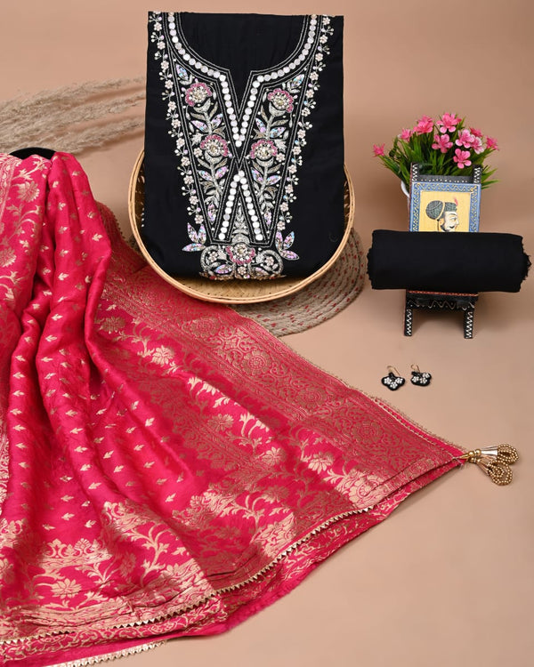 Pure Chanderi Silk Hand Work Unstitched Suit With Dhola Silk Dupatta.