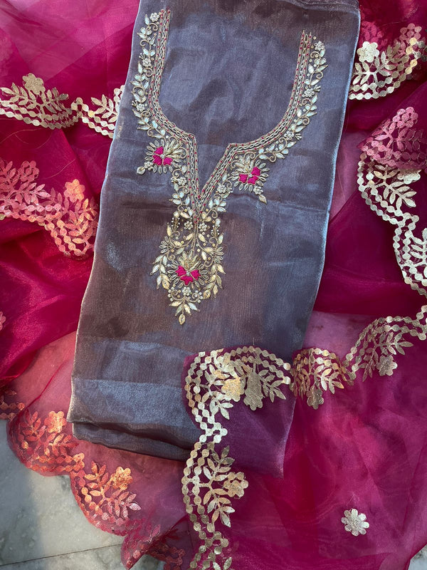 Organza Hand Zardosi work unstitched kurta with Organza Gotta patti Work Dupatta.