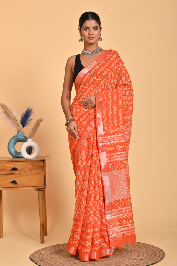 Hand Block Print Linen Saree with Blouse .