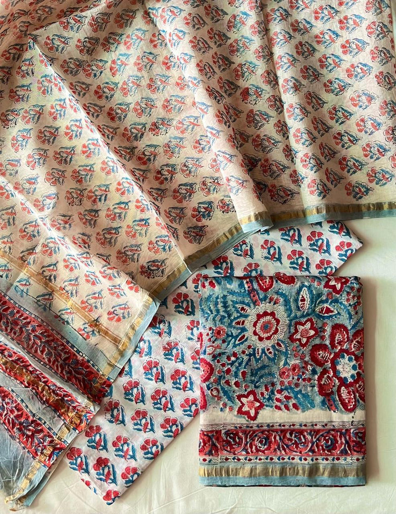 Pure Hand Block Chanderi Silk Unstitched Suit .