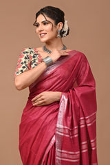 Hand Block Print Linen Saree with Blouse .