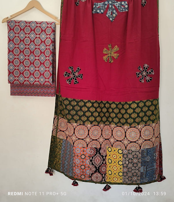 Pure Cotton Azrakh Print Unstitched suit With Patch Work Dupatta.