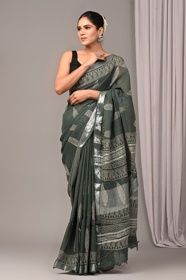 Hand Block Print Linen Saree with Blouse .