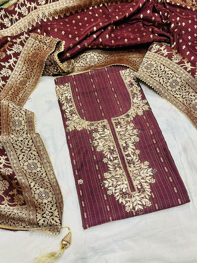 Pure Cotton Hand Work Unstitched Suit With Dola Silk Dupatta.