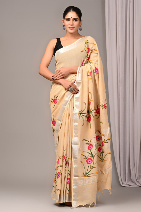 Hand Block Print Linen Saree with Blouse .