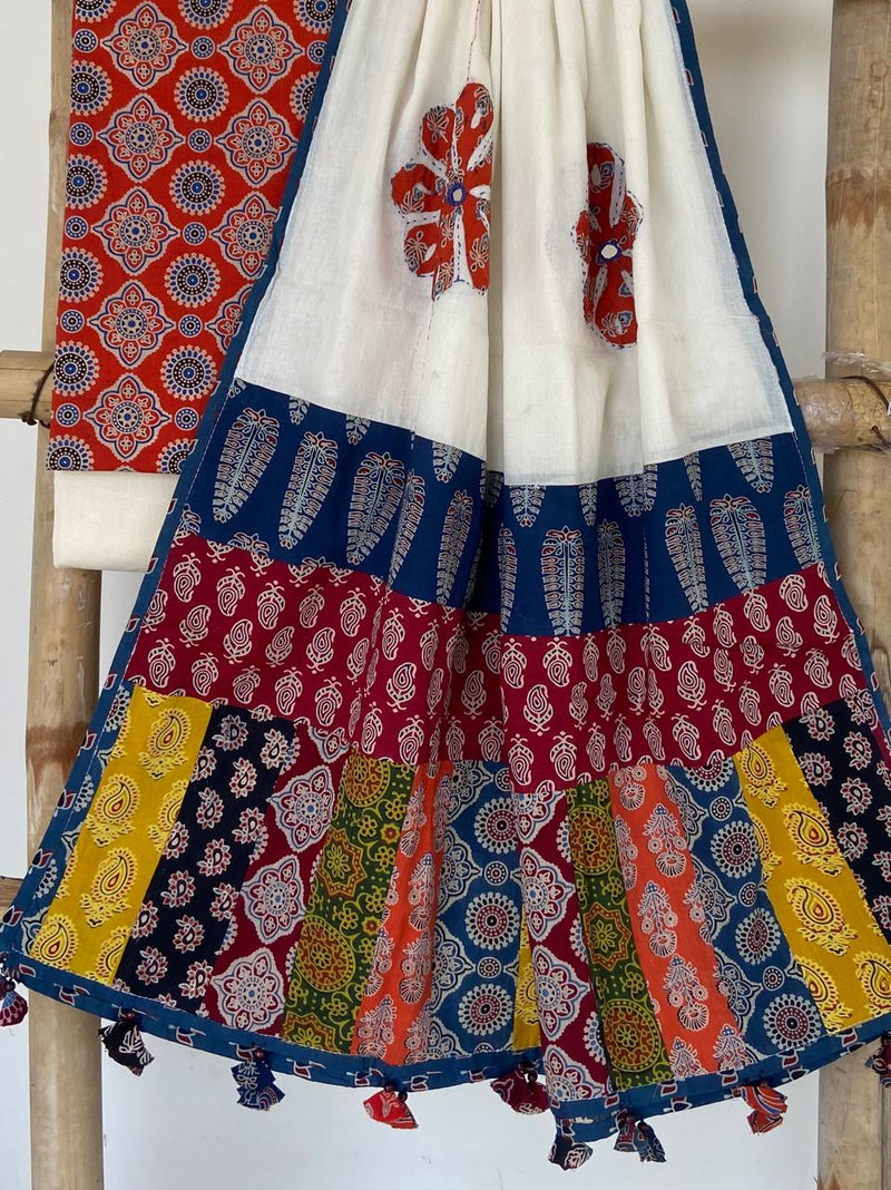 Pure Cotton Azrakh Print Unstitched suit With patch work Dupatta.