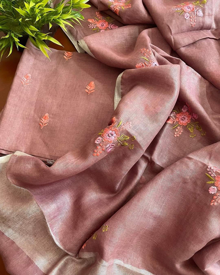 Bhagalpuri Cotton Linen Embroidery Unstitched suit.