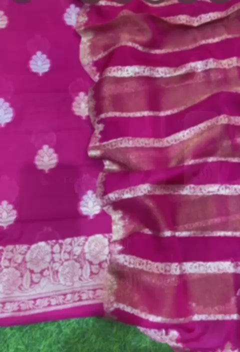 Pure Banarasi Chanderi Silk Daman Woven Unstitched Suit With Pure Banarasi Organza Tissue Stripe Dupatta.