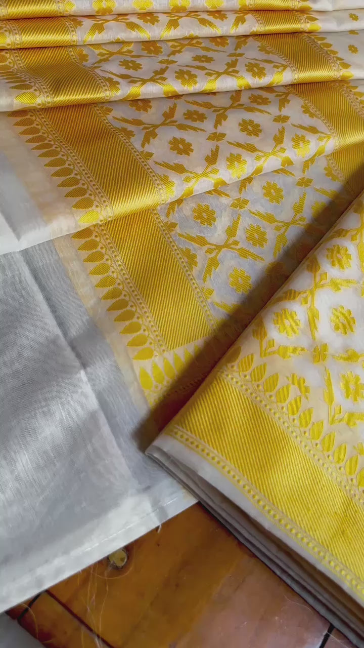 Premium Quality Pure Banarasi Cotton Resham Weaved Unstitched Suit |Yellow|