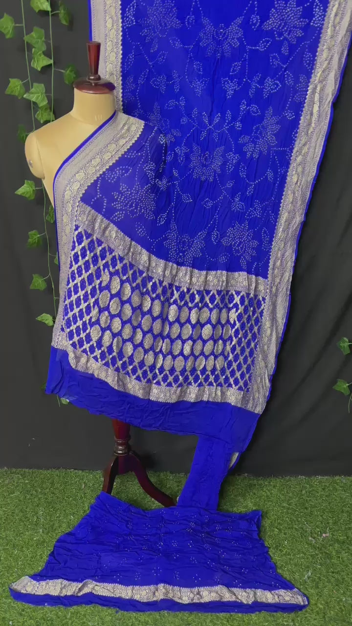 Pure Khaddi Chiffon Georgette with real metallic tested zari handwoven saree with full RAEE BANDHEJ WORK