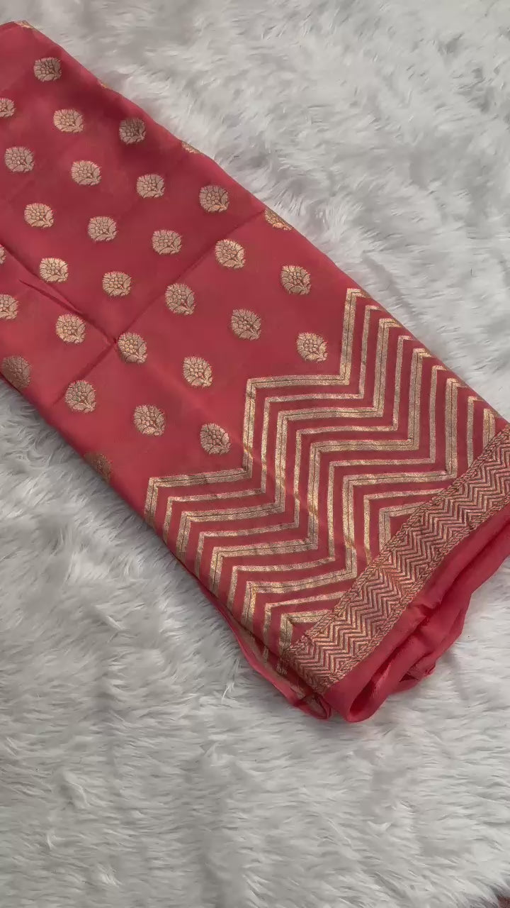 Pure Banarasi Khaddi Georgette Silk Weaved Unstitched Suit With Khaddi Georgette Silk Weaved Dupatta.