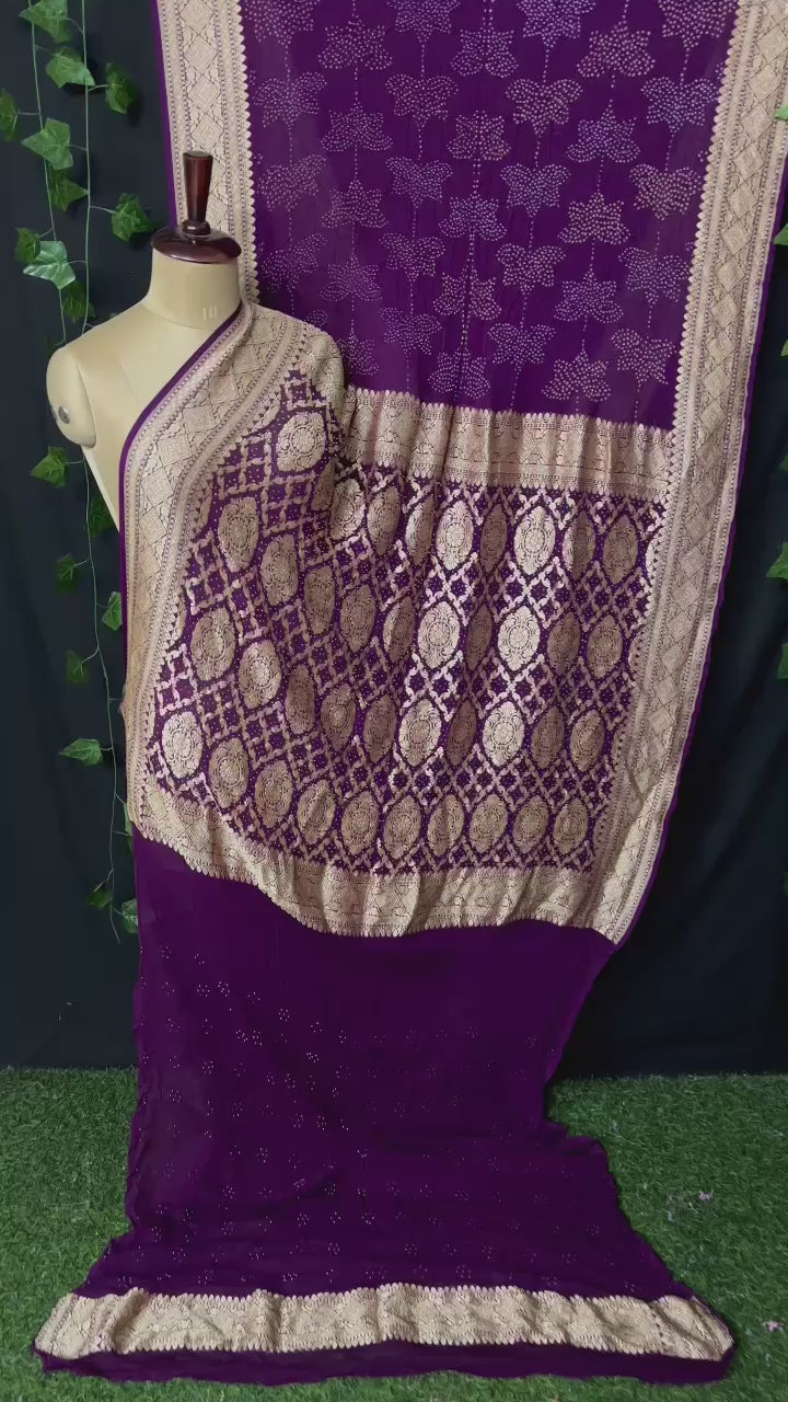 Pure Khaddi Chiffon Georgette with real metallic tested zari handwoven saree with full RAEE BANDHEJ WORK