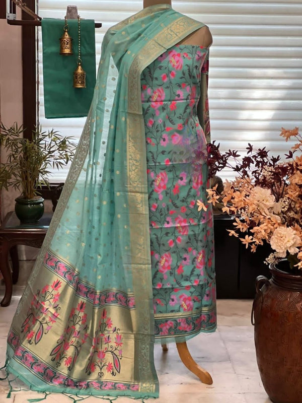 Pure Banarasi Jamdani Tilfi Premium Quality Unstitched Salwar Suit All Over Jacquard Weaving