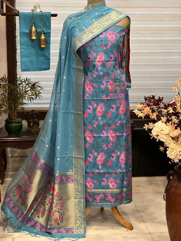 Pure Banarasi Jamdani Tilfi Premium Quality Unstitched Salwar Suit All Over Jacquard Weaving