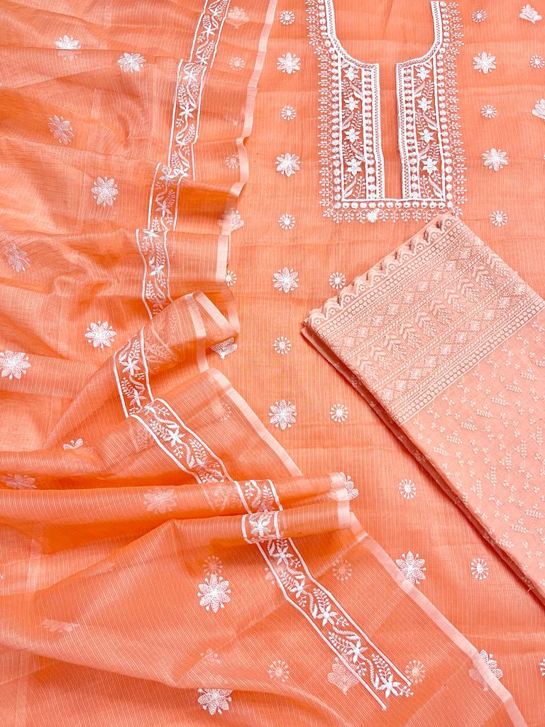 Pure Kota Doriya Embroidery Work Unstitched Suits With Kota Doriya Dupatta & Chikankari Bottom .