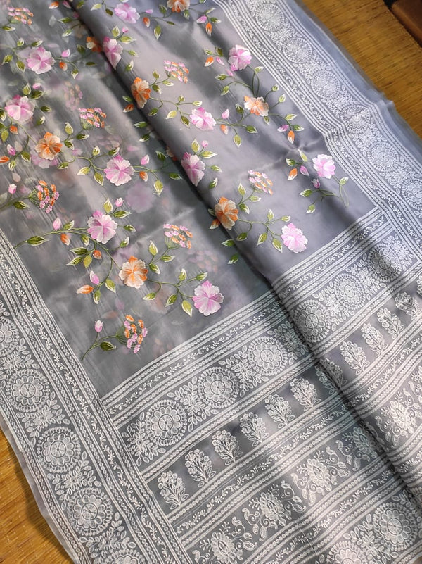 Pure Organza Silk Saree Multi Floral Jaal Work With Heavy Chikankari Pallu .