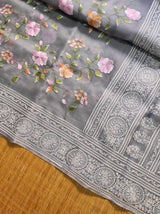 Pure Organza Silk Saree Multi Floral Jaal Work With Heavy Chikankari Pallu .