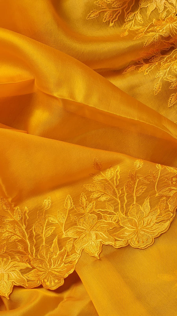 Pure Organza Silk Embroidery Alfi Cutwork Border Saree .