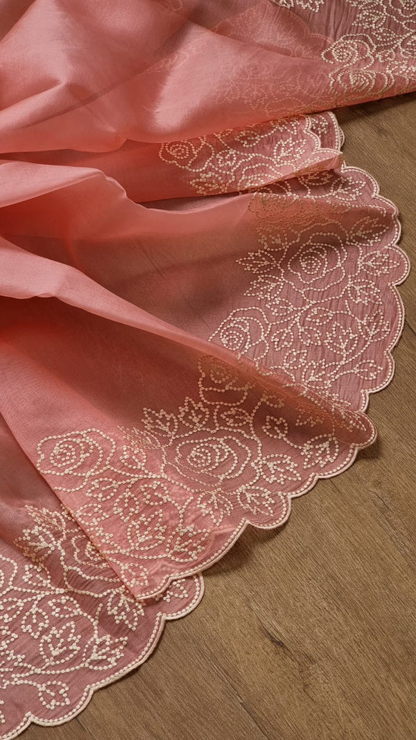 Pure Organza Silk Pearl Embroidery Cutwork Border Saree .