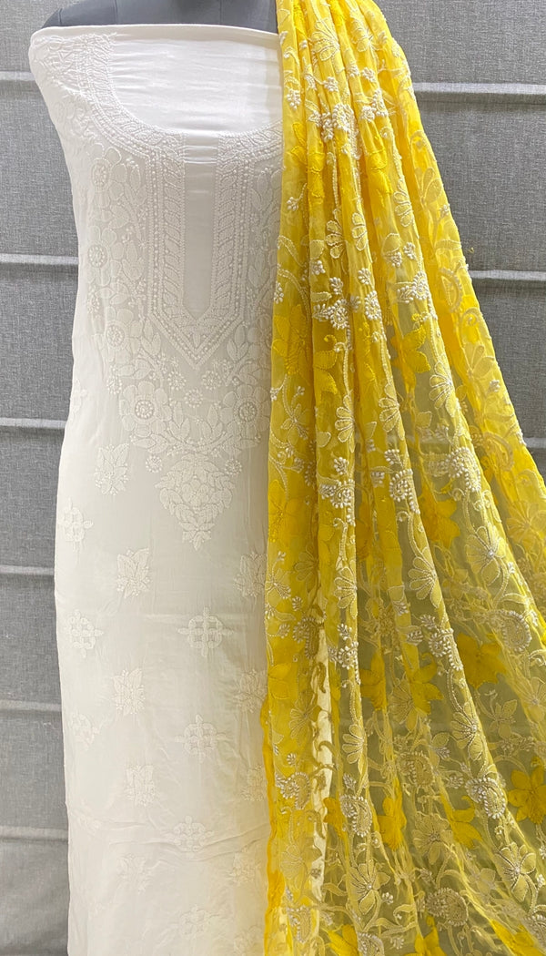 Pure MulMul Cotton Chikankari Unstitched Suit Chikankari Hand Embroidery Jaal Dupatta