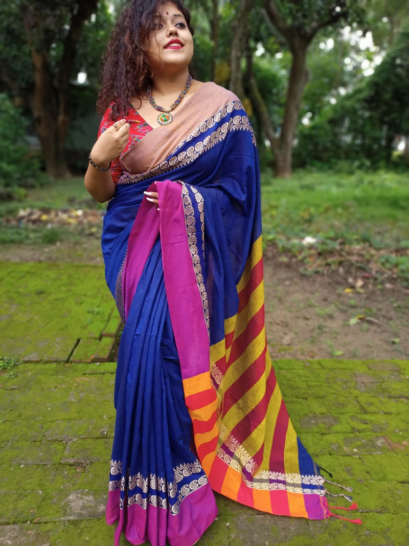 Pure Cotton Jacquard Border Contrast Pallu Saree With Blouse