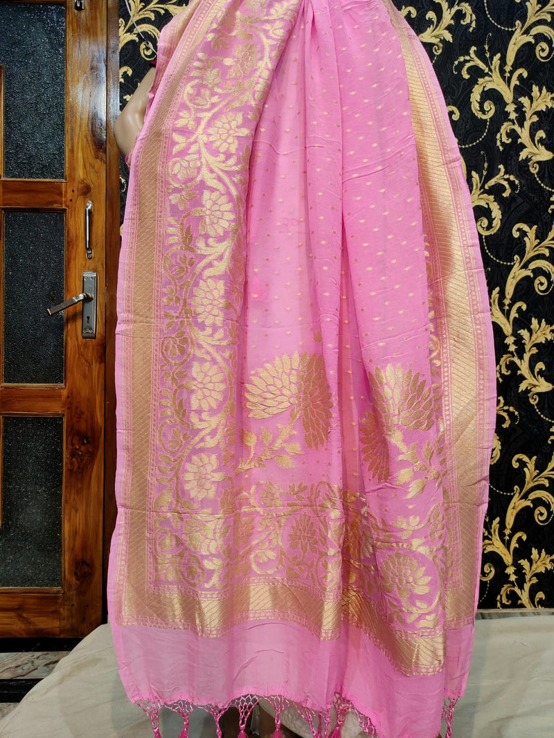 Pure Banarasi Handloom Khaddi Georgette Silk Dupatta With Heavy Zari Work ( Length-2.5 Meter )