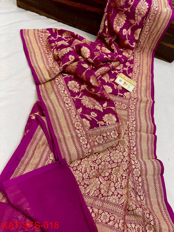 Pure Banarasi Handloom Khaddi Georgette Silk Saree With Zari Work ( length- 6.3 meter )