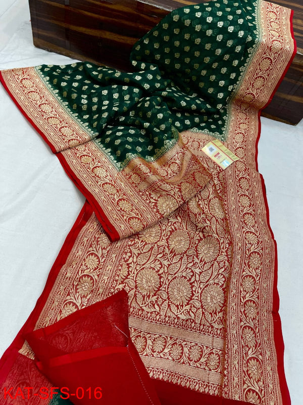 Pure Banarasi Handloom Khaddi Georgette Silk Saree With Zari Work ( length- 6.3 meter )