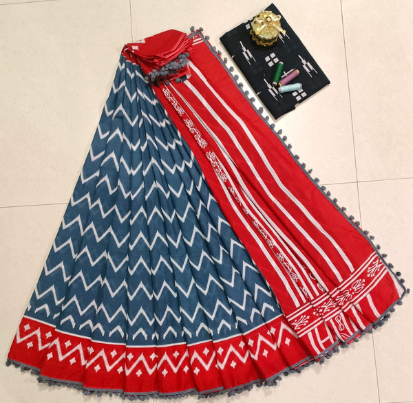 Pure Hand Block Cotton Sarees With Blouse