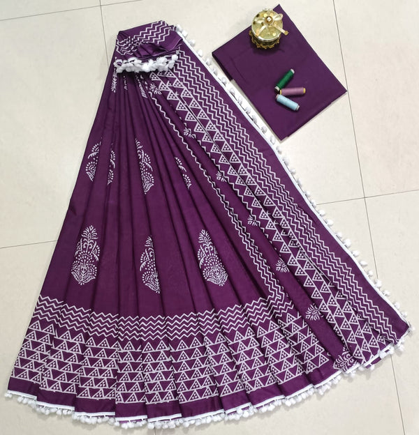 Pure Hand Block Cotton Sarees With Blouse