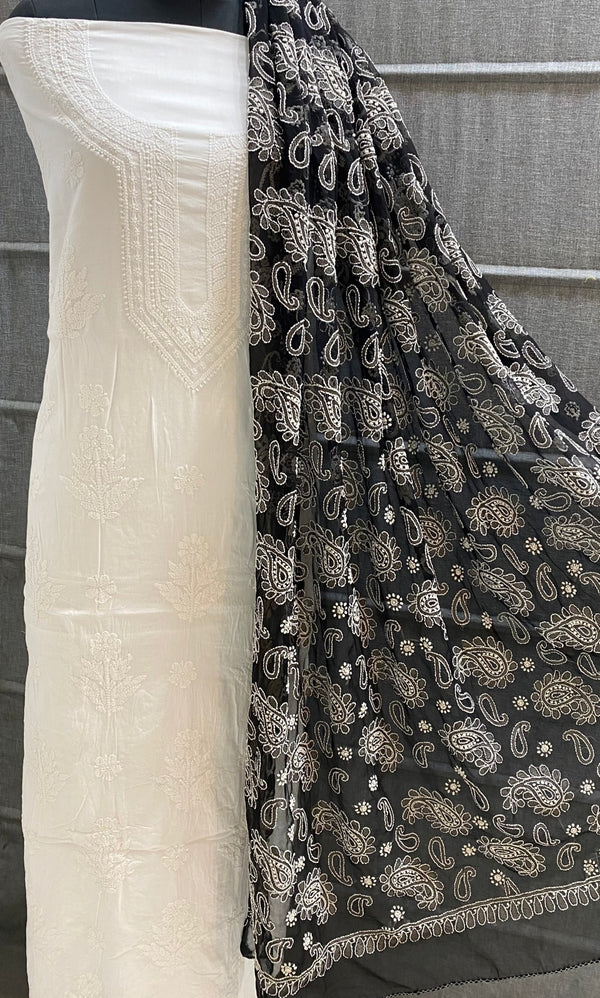 Pure MulMul Cotton Chikankari Unstitched Suit Chikankari Hand Embroidery Jaal Dupatta