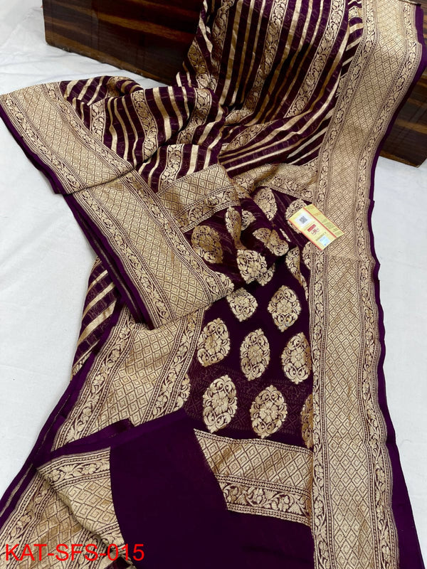 Pure Banarasi Handloom Khaddi Georgette Silk Saree With Zari Work ( length- 6.3 meter )