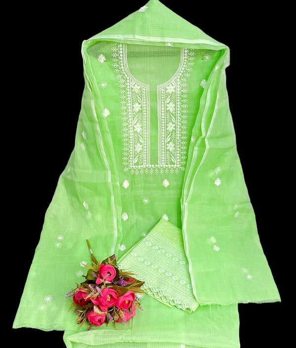 Pure Kota Doriya Embroidery Work Unstitched Suits With Kota Doriya Dupatta & Chikankari Bottom .