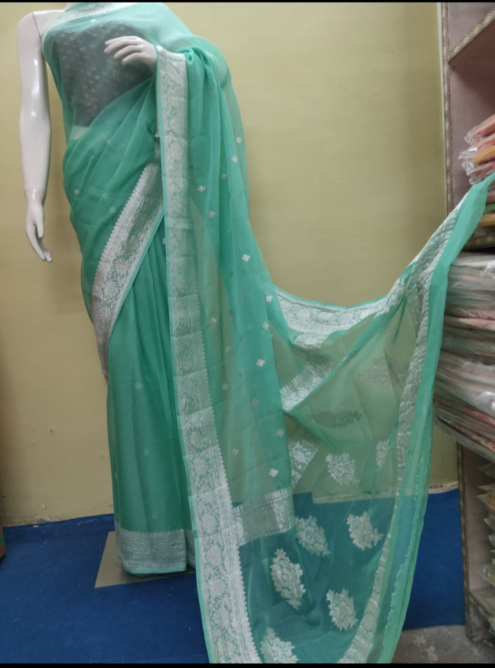 Pure Khaddi Chiffon Georgette Saree with Silver Zari Weaving blouse  ( length- 6.3 meter )