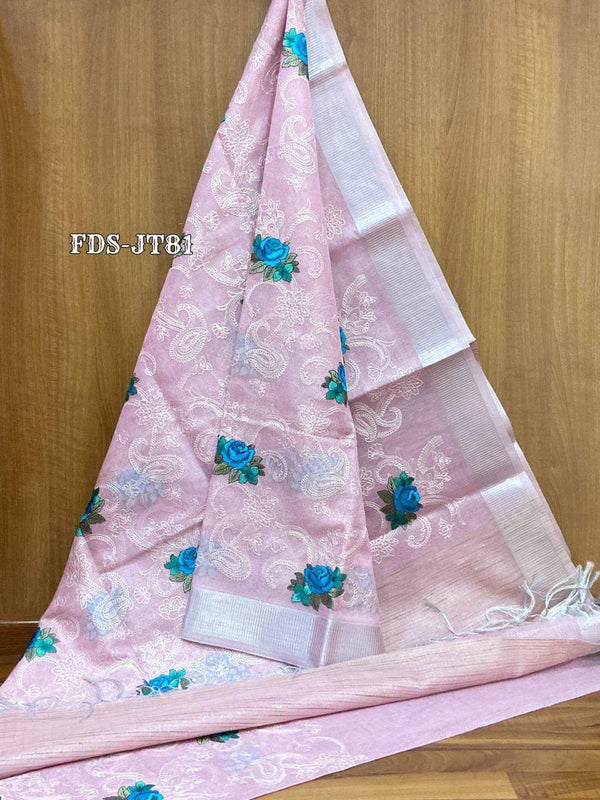 Pure Linen Tissue Silk Embroidery Work Length 6.5 meter Saree With Blouse