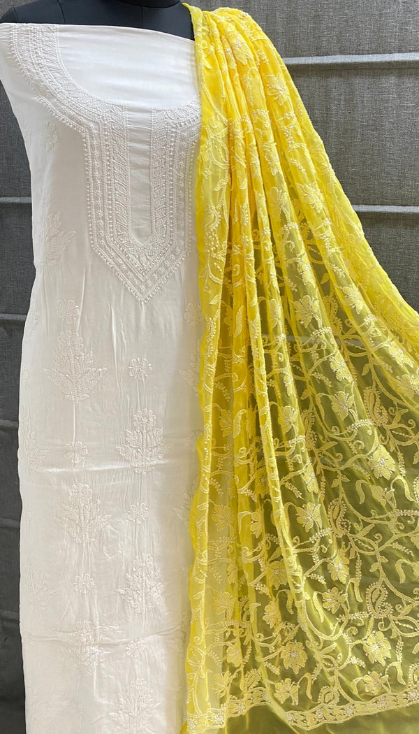 Pure MulMul Cotton Chikankari Unstitched Suit Chikankari Hand Embroidery Jaal Dupatta