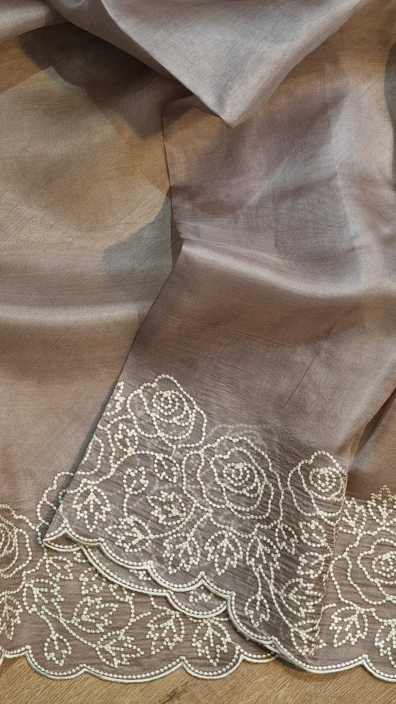 Pure Organza Silk Pearl Embroidery Cutwork Border Saree .