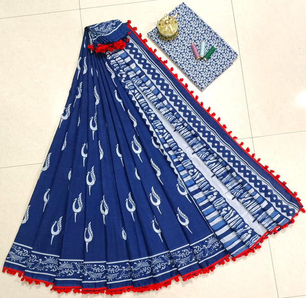 Pure Hand Block Cotton Sarees With Blouse