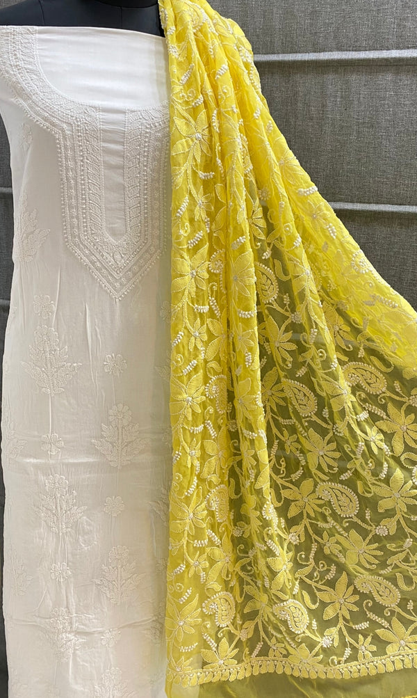 Pure MulMul Cotton Chikankari Unstitched Suit Chikankari Hand Embroidery Jaal Dupatta