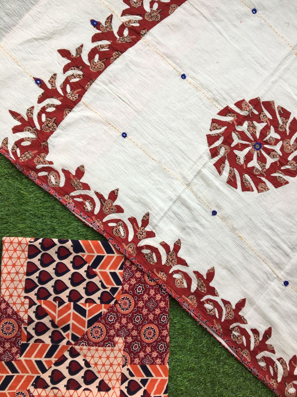 Pure Cotton Hand Block Azrak Print Unstitched Suit With Hand Work Azrak Patch Work Dupatta (With Out Bottom)